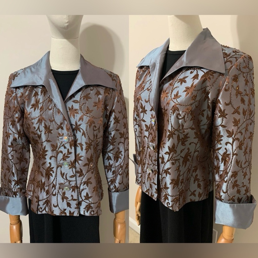 Iridescent Blue / Grey Blazer with Brown Sequin and Embroidery